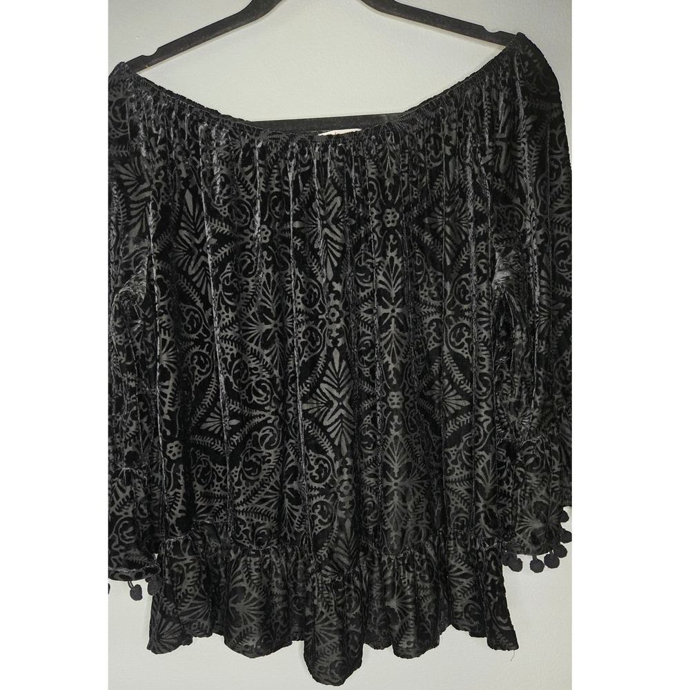 Black Velvet Burnout Blouse XL Gothic Whimsigoth Stevie Nicks Boho - Picture 3 of 7